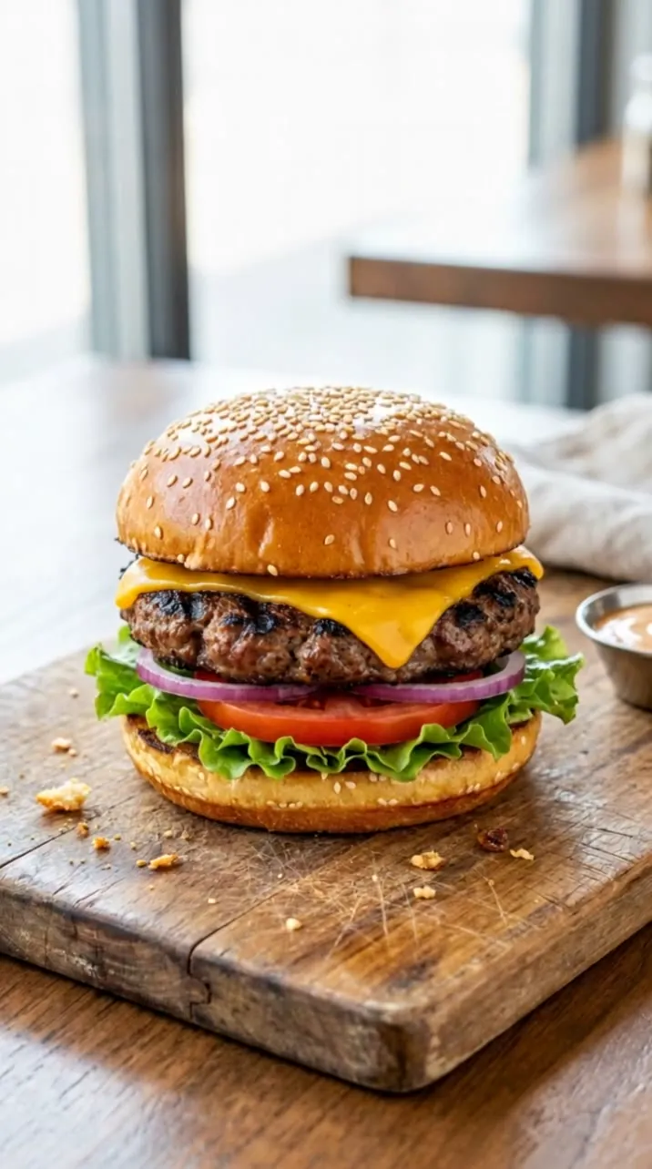 A stacked cheeseburger photographed in warm diner light