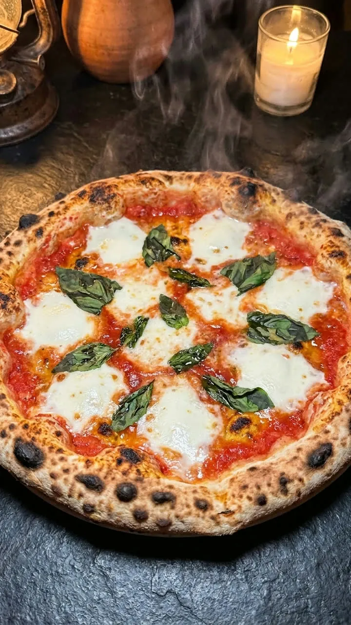 Close-up of a margherita pizza with steam rising, shot for a restaurant reel