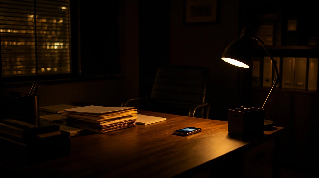 A back office late at night, one desk lamp on and a phone glowing on the desk