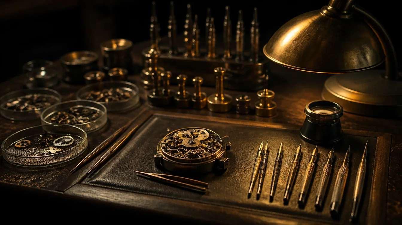 A watchmaker's precision workbench in a dark workshop, fine tools and brass components laid out in order under a warm lamp