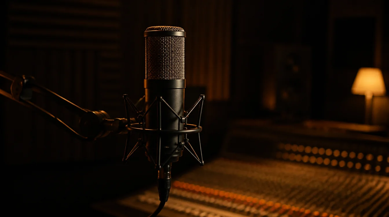A condenser microphone on a boom arm in warm low light above a mixing console