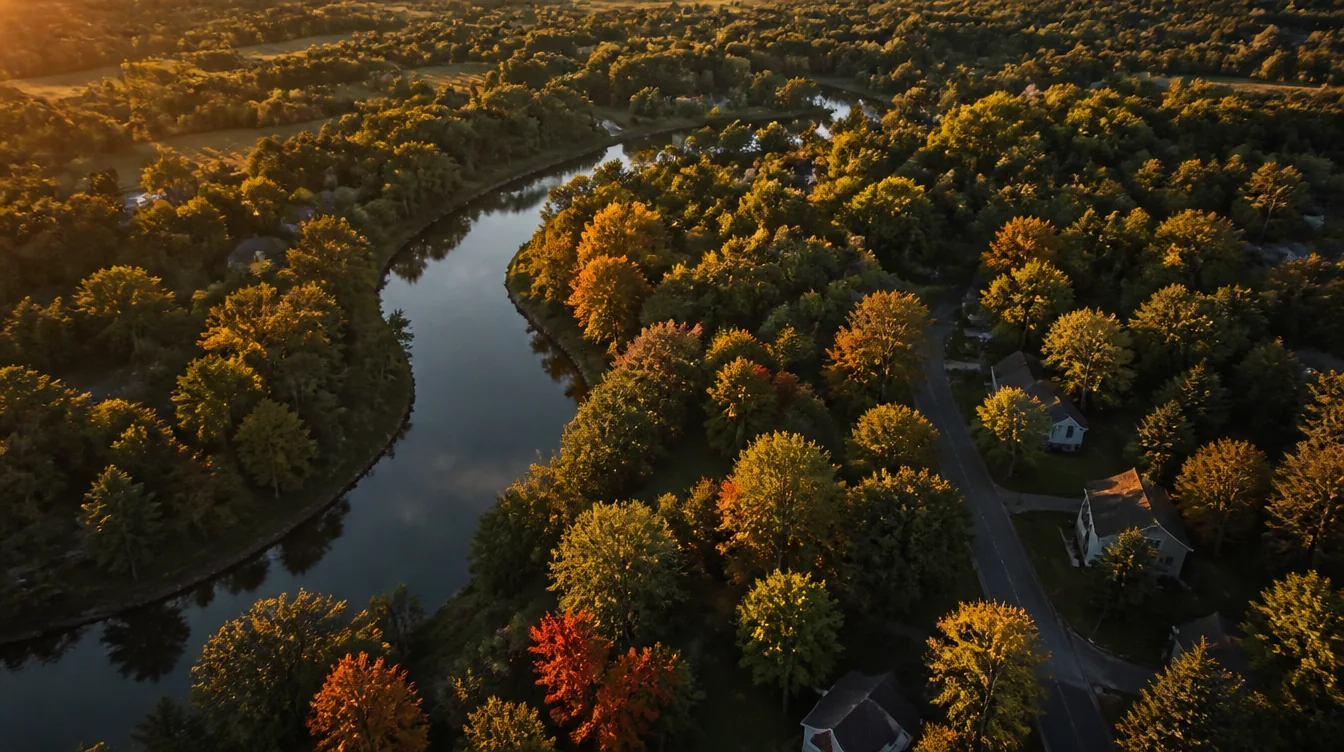Aerial view at golden hour over a wooded upstate New York neighbourhood