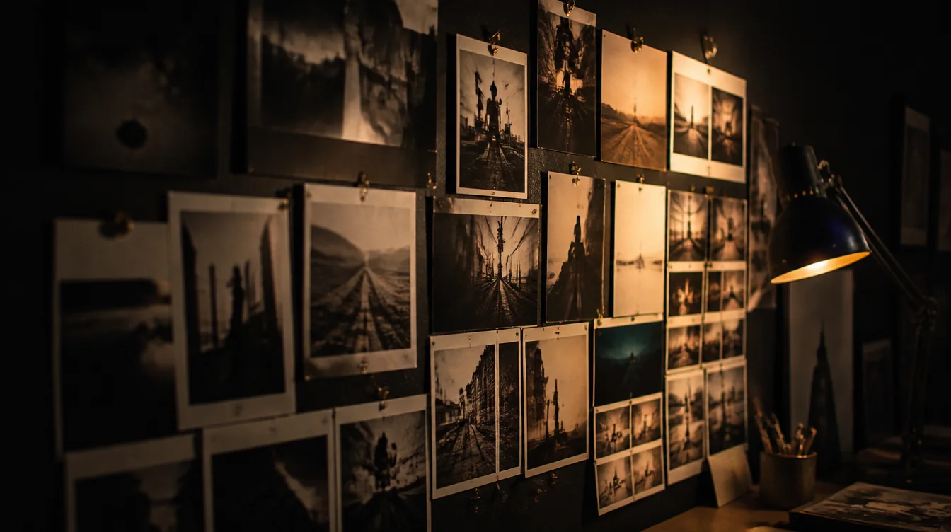 A studio wall of overlapping pinned photographic prints under raking light