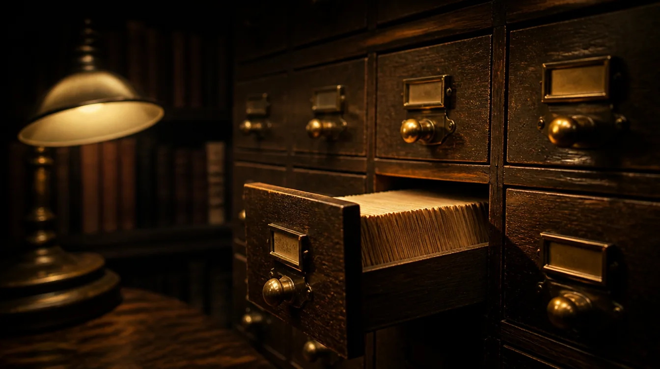 An old wooden library card catalogue in a dark room, one drawer pulled open on tightly packed index cards, lit by a warm lamp