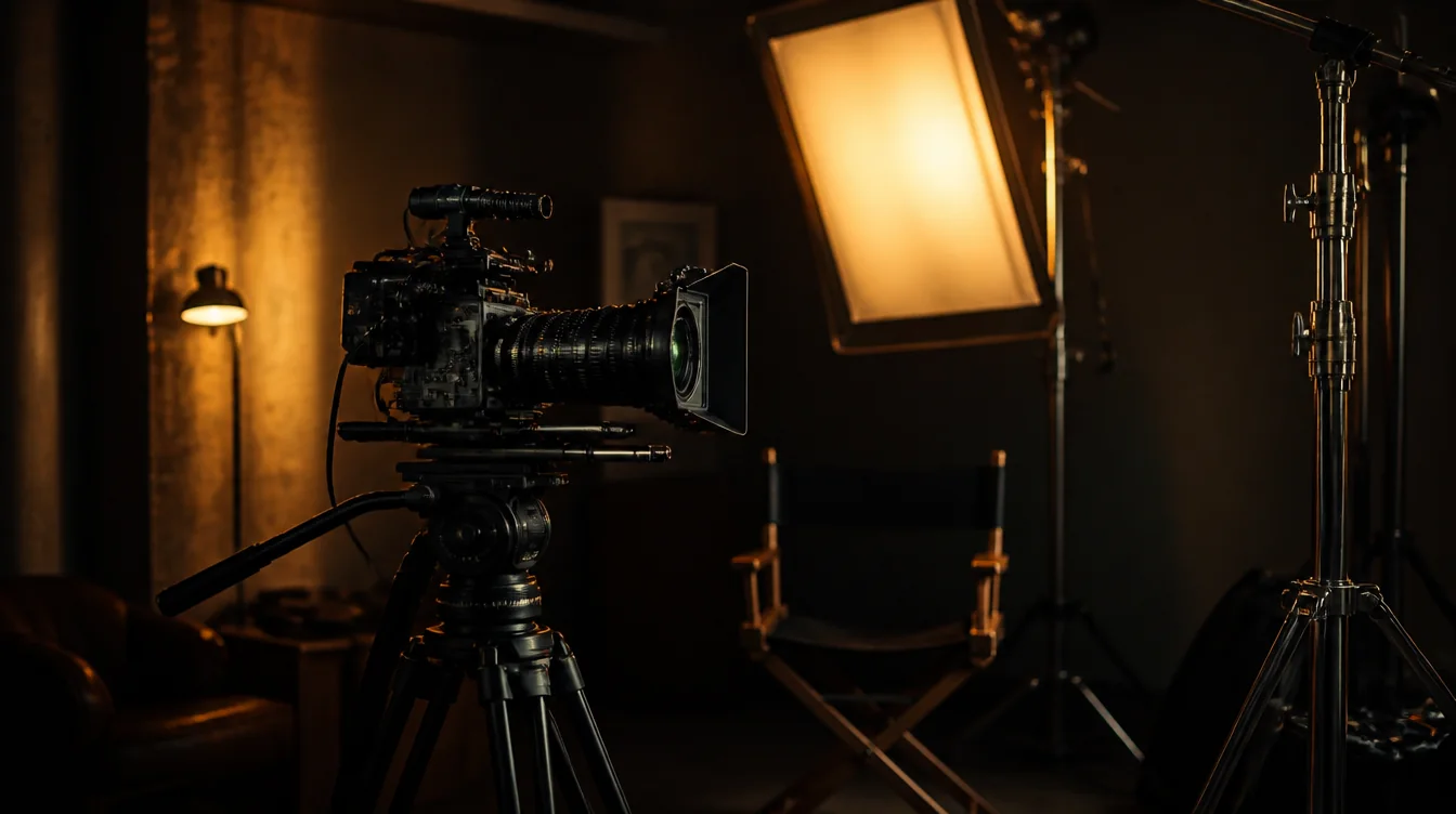 A cinema camera on a tripod in a darkened studio, lit by a single amber softbox, with an empty director's chair in shadow behind it