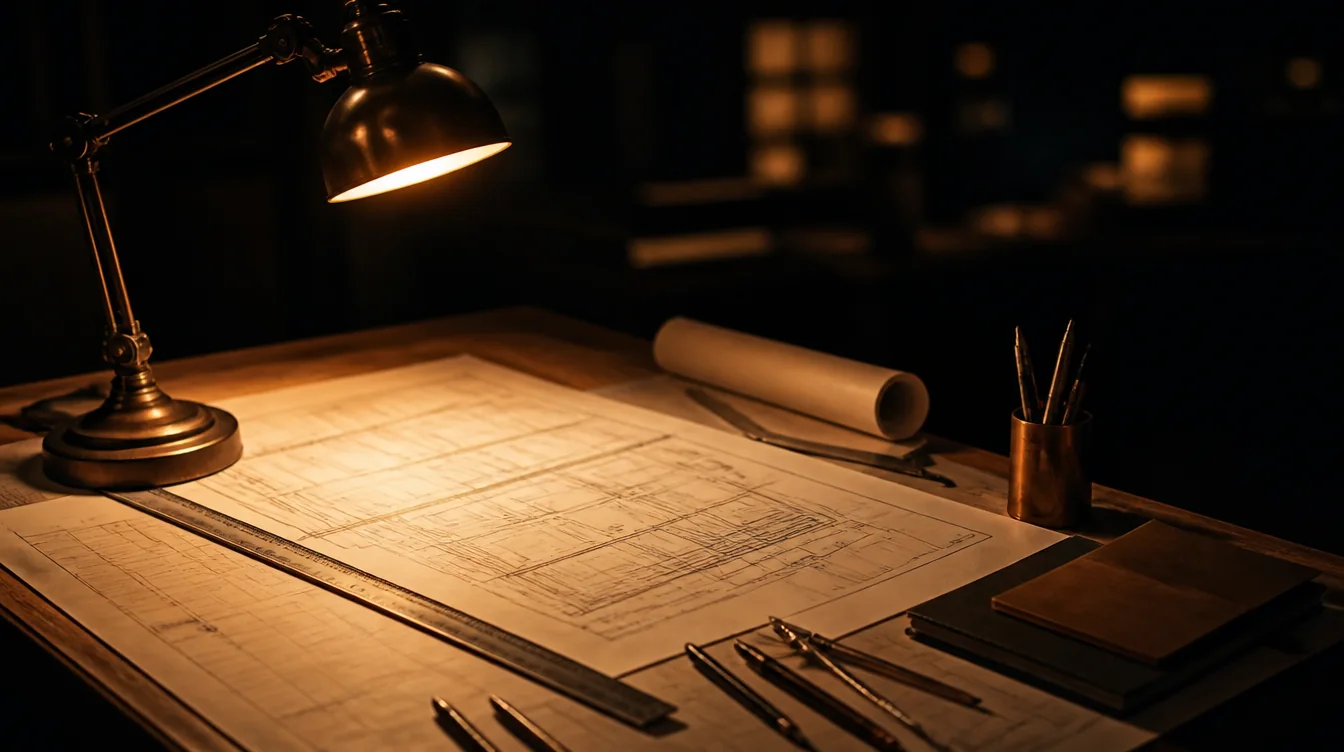 An architect's drafting table in a dark studio, technical drawings and a scale rule lit by a single warm desk lamp