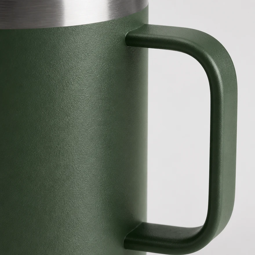 Close-up of the mug powder-coat texture and handle