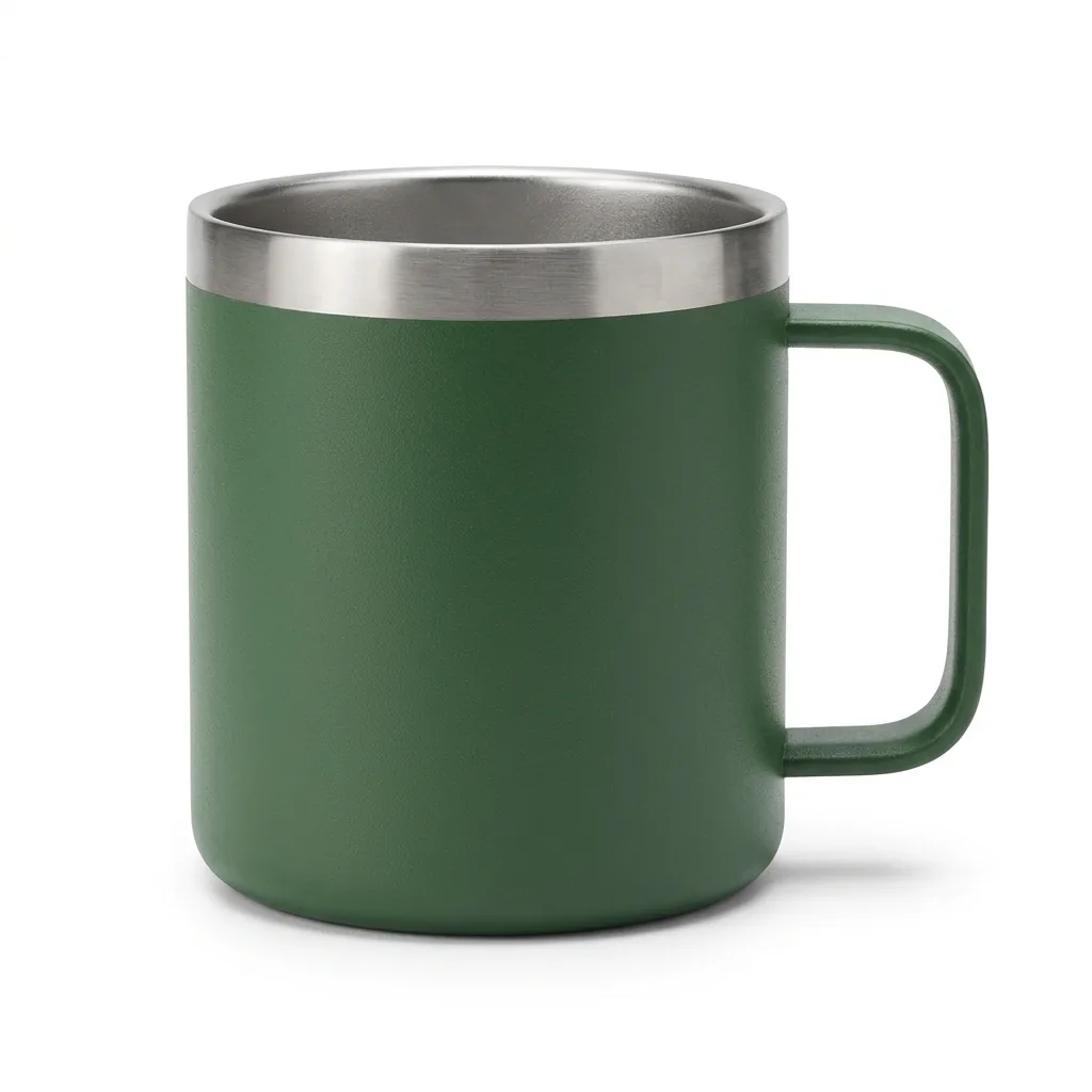 A green insulated camp mug on a pure white background, Amazon main-image style