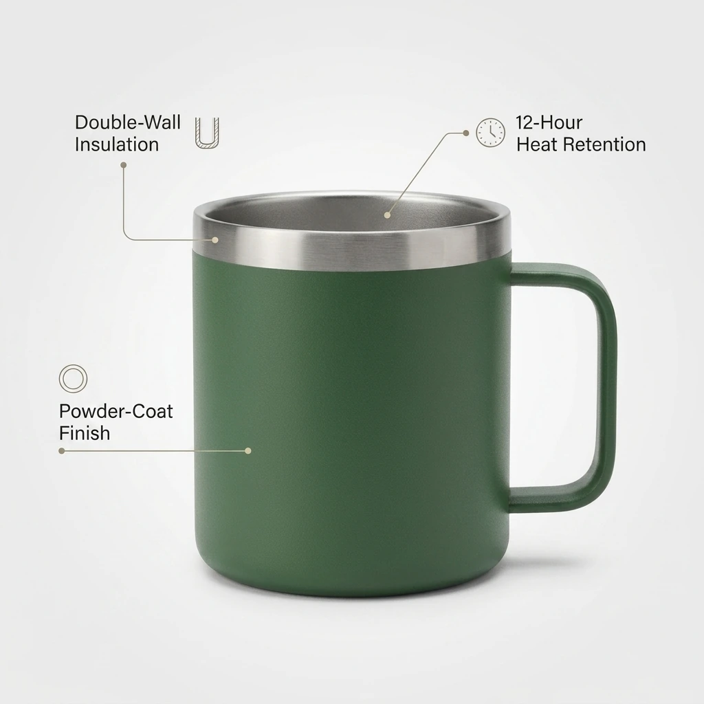 The mug with labelled feature callouts