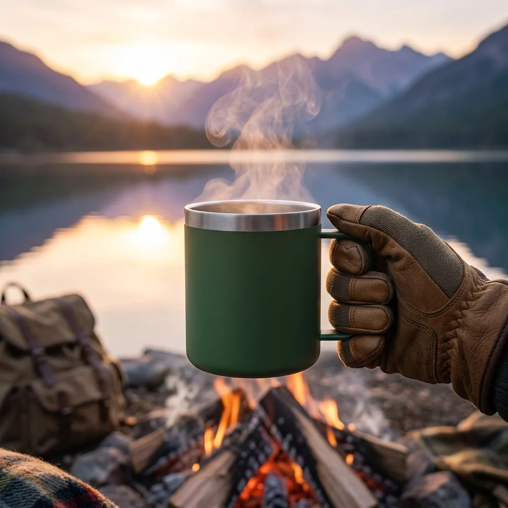 An insulated camp mug held by a campfire at dawn beside a mountain lake
