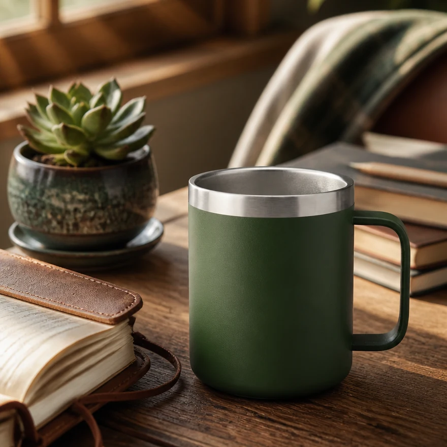 The mug on a wooden desk beside a journal and succulent in morning light