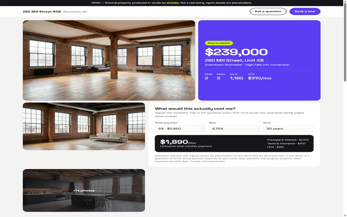 A listing page for a downtown loft, with an affordability calculator beside the price