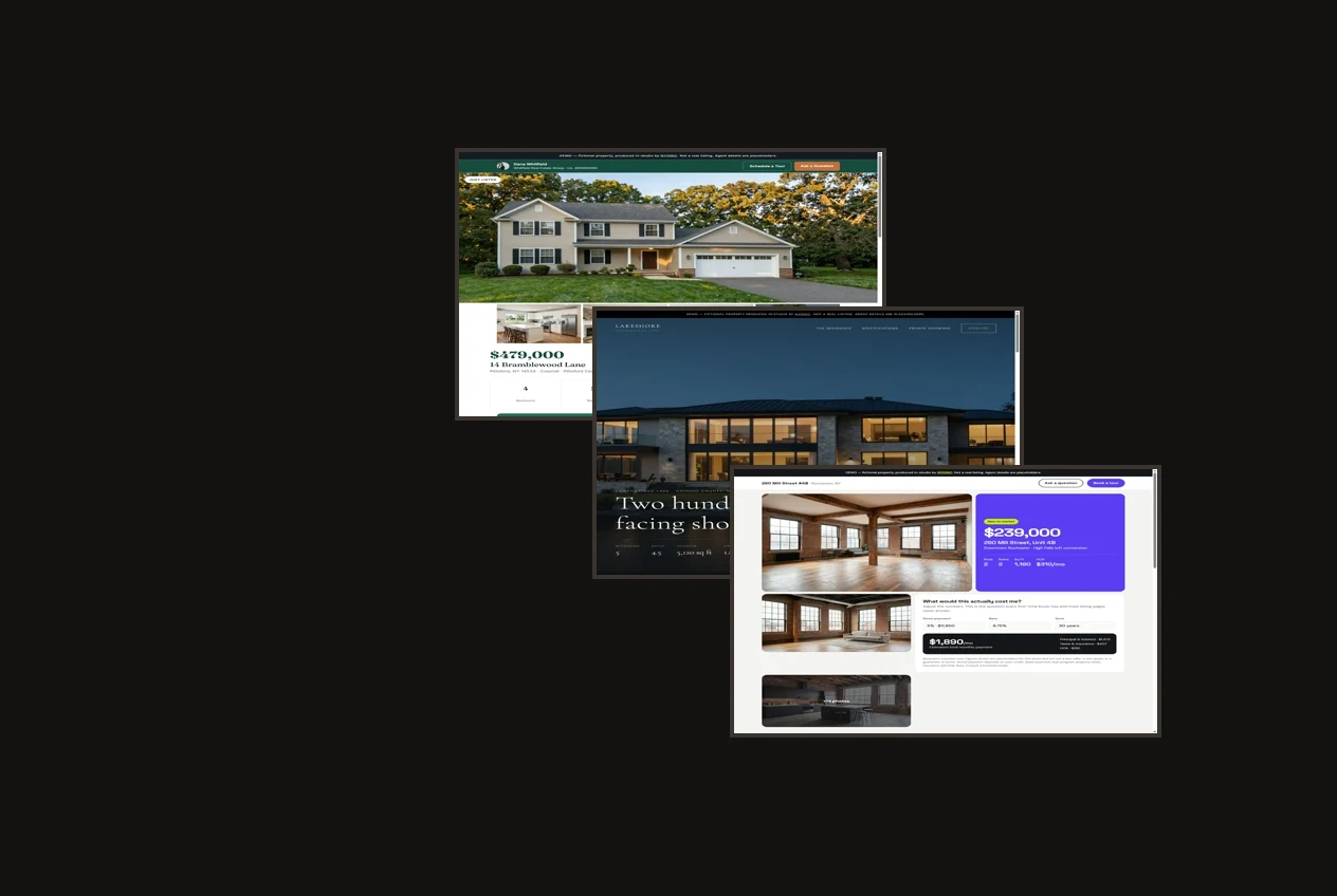 A single-property listing website for a Pittsford colonial, showing the price, photo gallery and agent bar