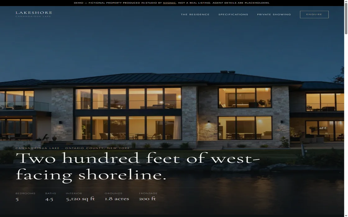 A dark, cinematic listing page for a lakefront property, price withheld until late