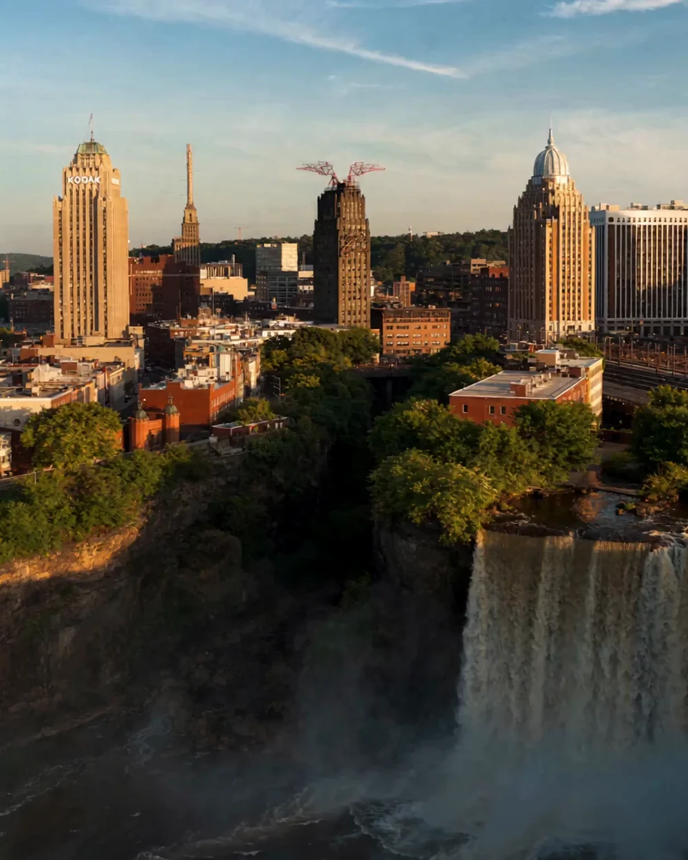 Illustration of downtown Rochester, New York at golden hour — the High Falls of the Genesee River with the Kodak Tower and city skyline behind