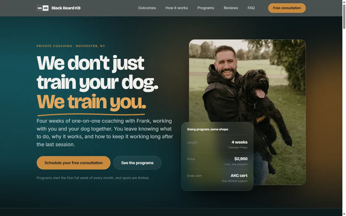 Black Beard K9 site — headline reading “We don't just train your dog. We train you.” beside a photo of a trainer and dog