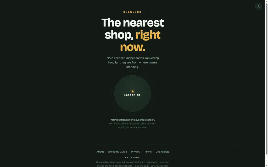 Closebud site — a dark hero reading “The nearest shop, right now” with a locate button