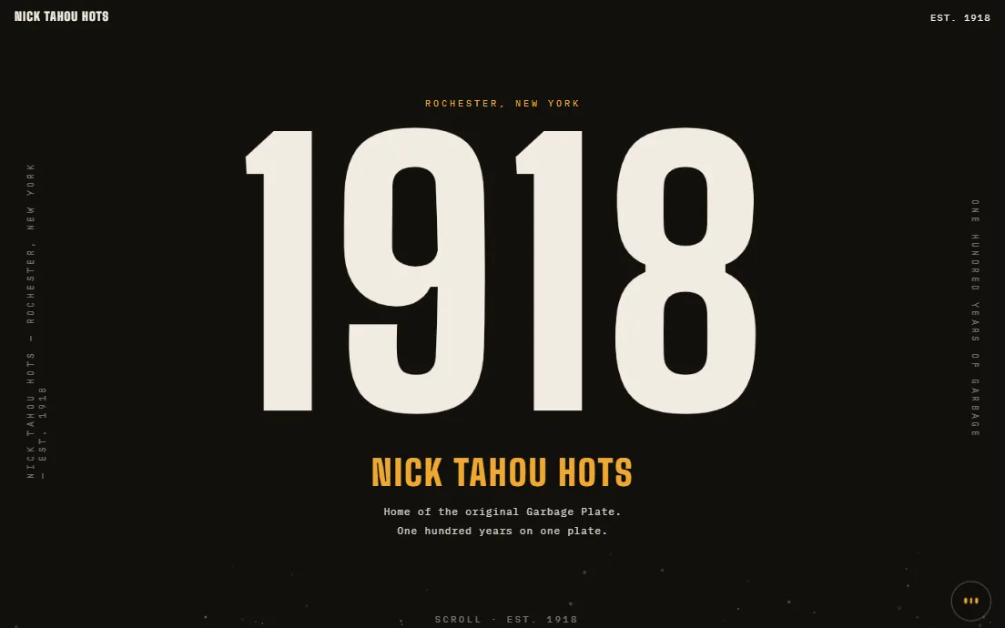 One Hundred Years of Garbage site — enormous type reading “1918” over a dark hero for Nick Tahou Hots, home of the original Garbage Plate