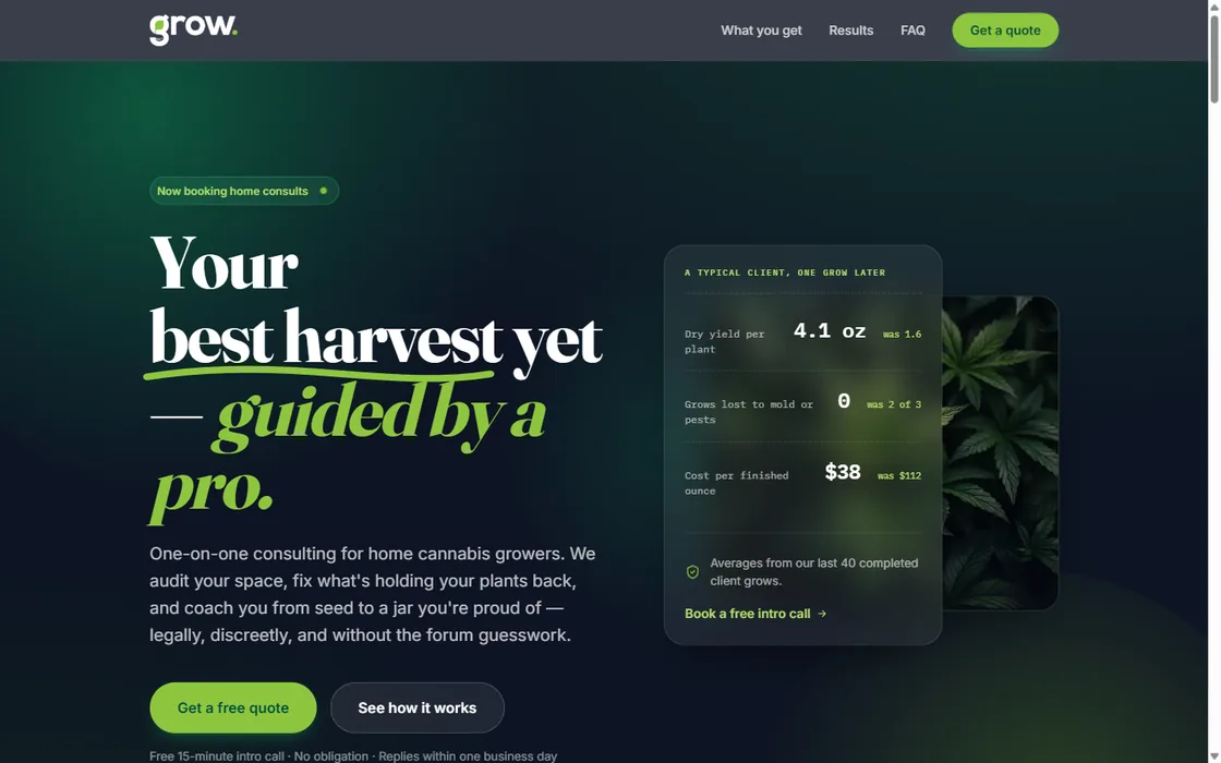 Grow. consulting site — headline reading “Your best harvest yet, guided by a pro” beside a results panel