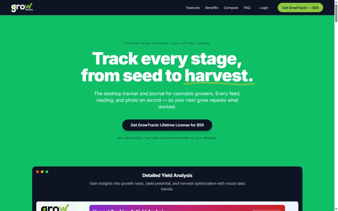 GrowTrackr site — a green hero reading “Track every stage, from seed to harvest” above a product screenshot