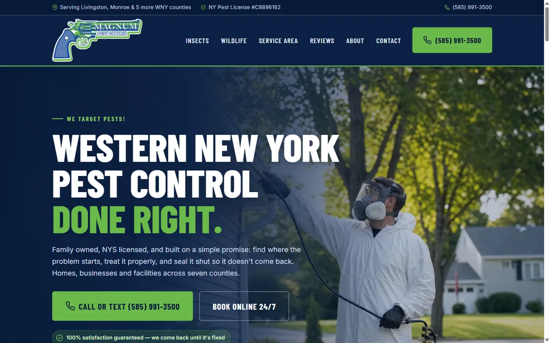 Magnum Pest Control site — a navy hero reading “Western New York pest control done right.” beside a technician treating a roofline