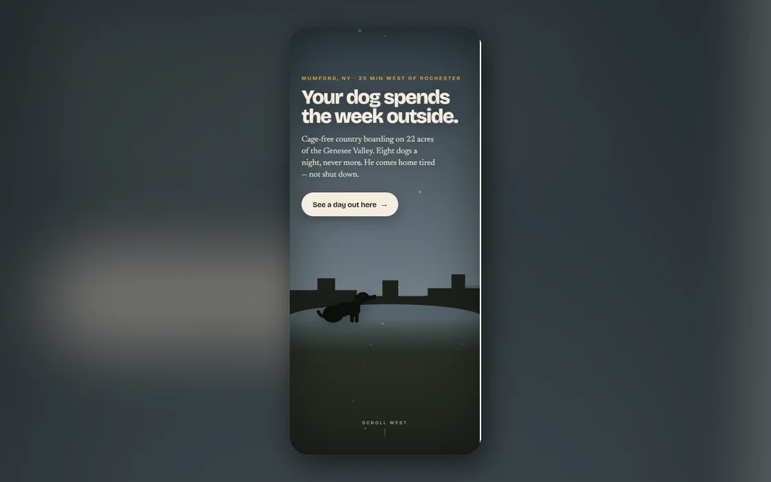 Oatka Fields site shown on a phone — type reading “Your dog spends the week outside.” over a dusk field silhouette