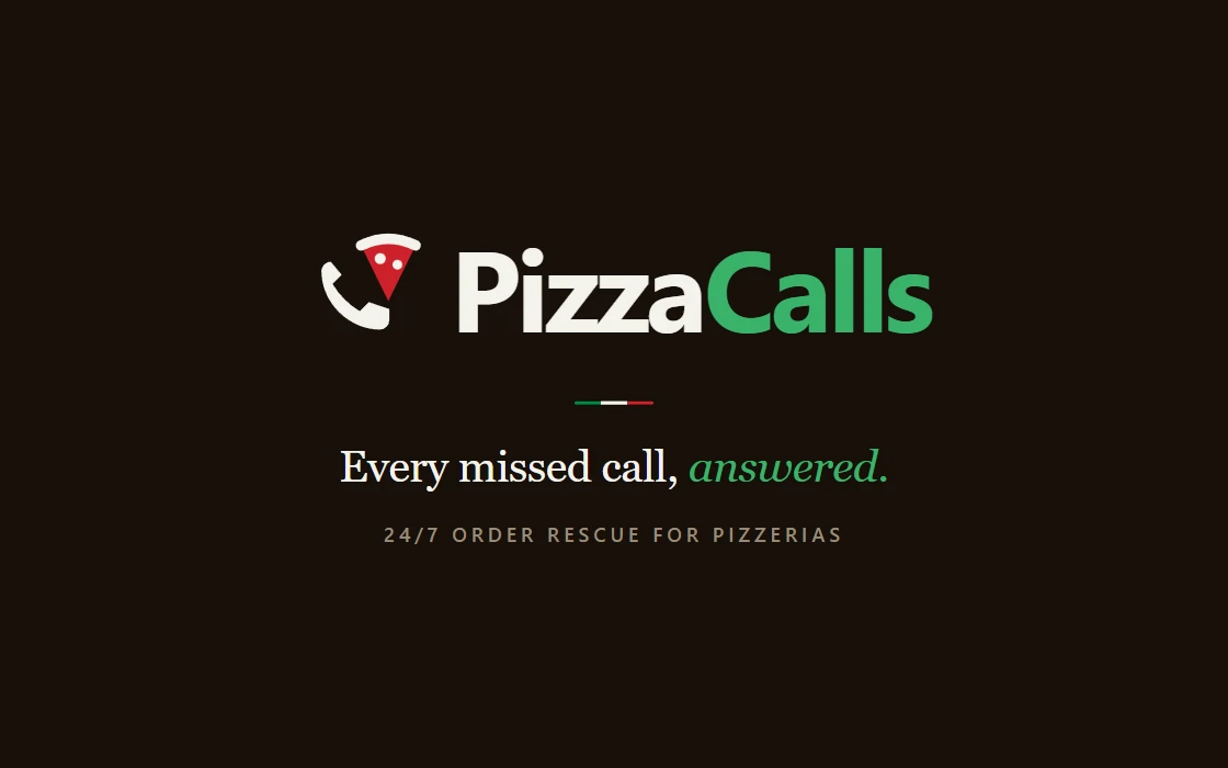 PizzaCalls brand card — a handset-and-pizza-slice mark beside the PizzaCalls wordmark, with the line “Every missed call, answered”