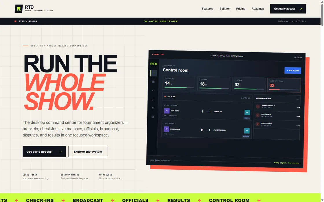 Rivals Tournament Director site — headline reading “Run the whole show” beside a live tournament control-room dashboard
