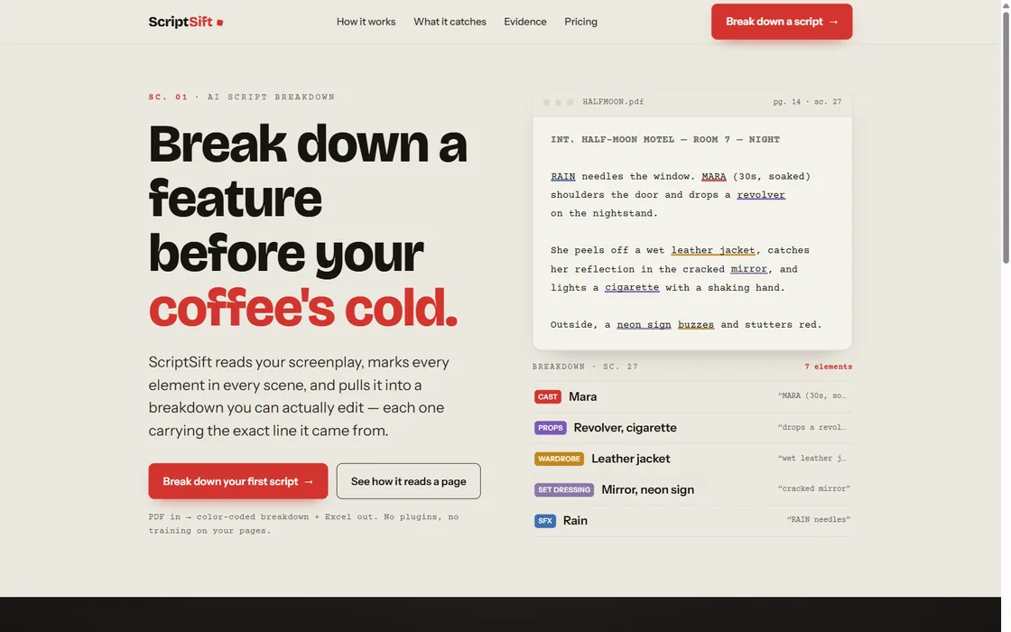 ScriptSift site — headline reading “Break down a feature before your coffee's cold” beside a screenplay page marked up with colour-coded breakdown elements