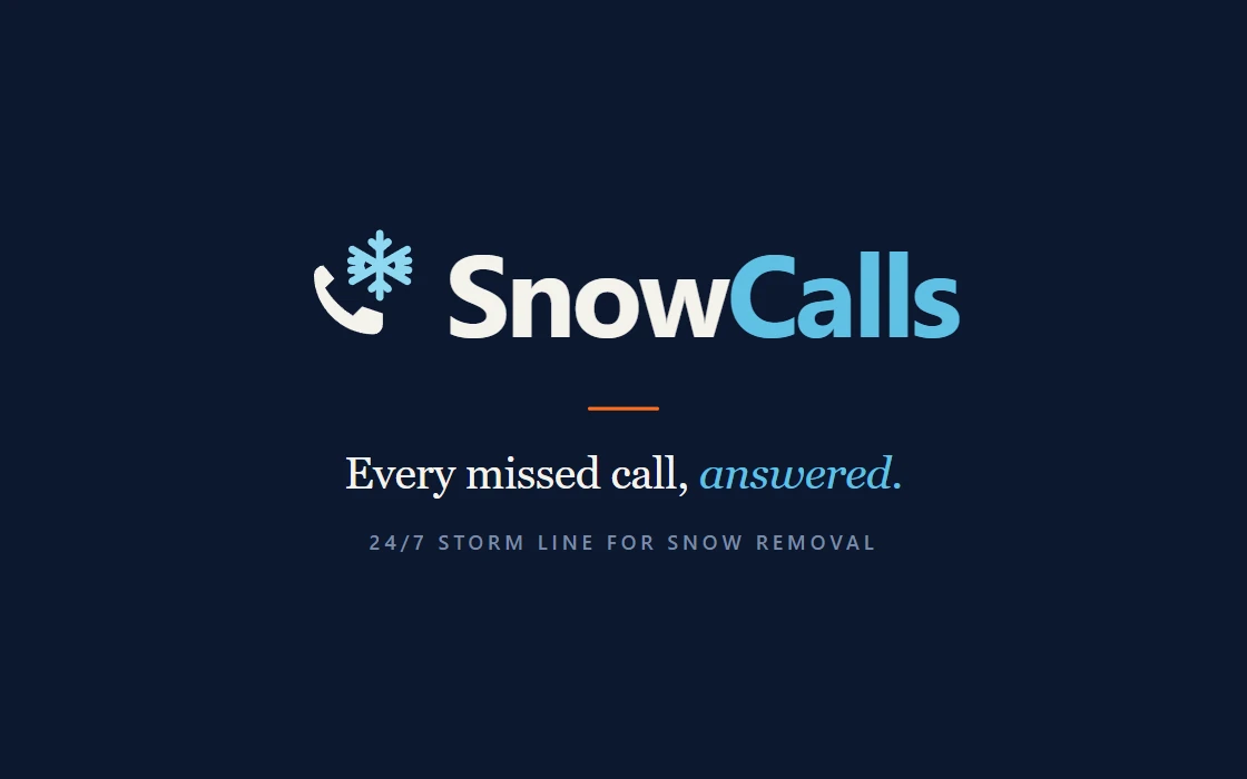 SnowCalls brand card — a handset-and-snowflake mark beside the SnowCalls wordmark, with the line “Every missed call, answered”