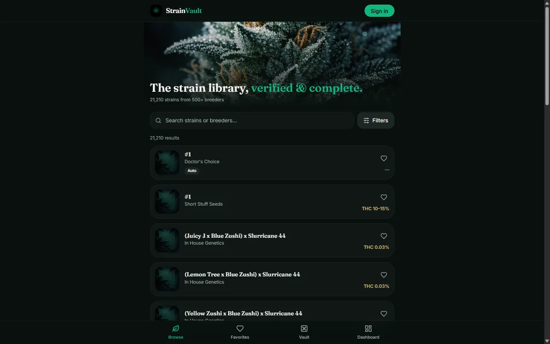 StrainVault site — a dark catalog interface reading “The strain library, verified and complete”