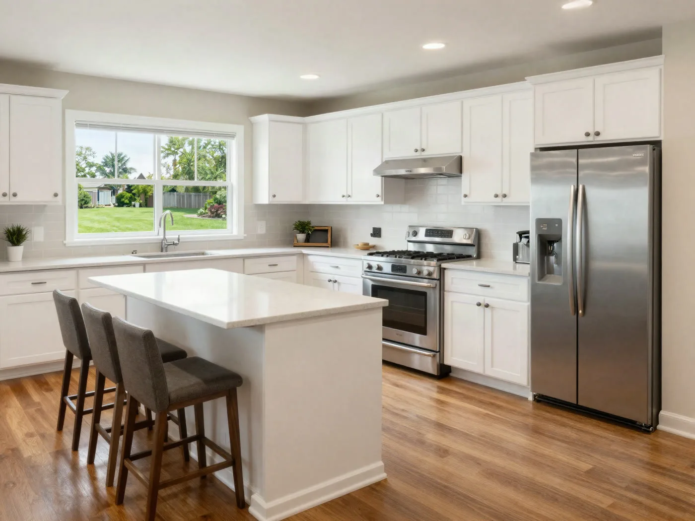 Renovated kitchen with quartz counters and island seating