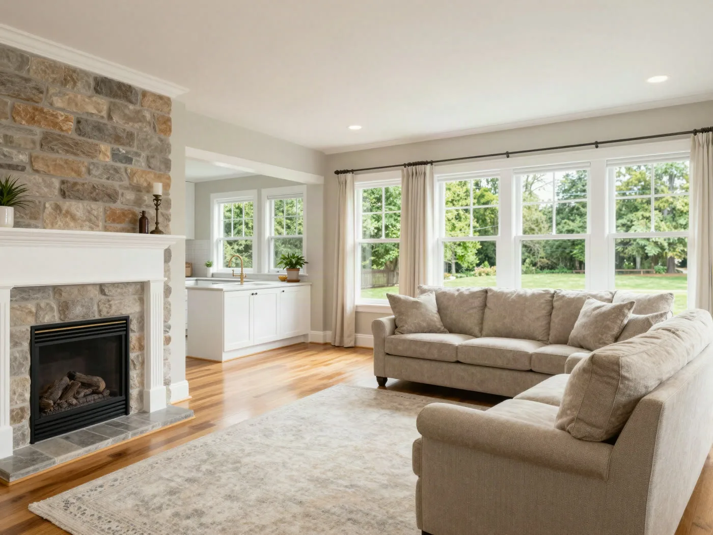 Family room with gas fireplace open to the kitchen