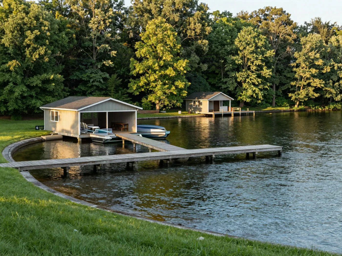 Permanent dock with two slips and a boathouse at the shoreline