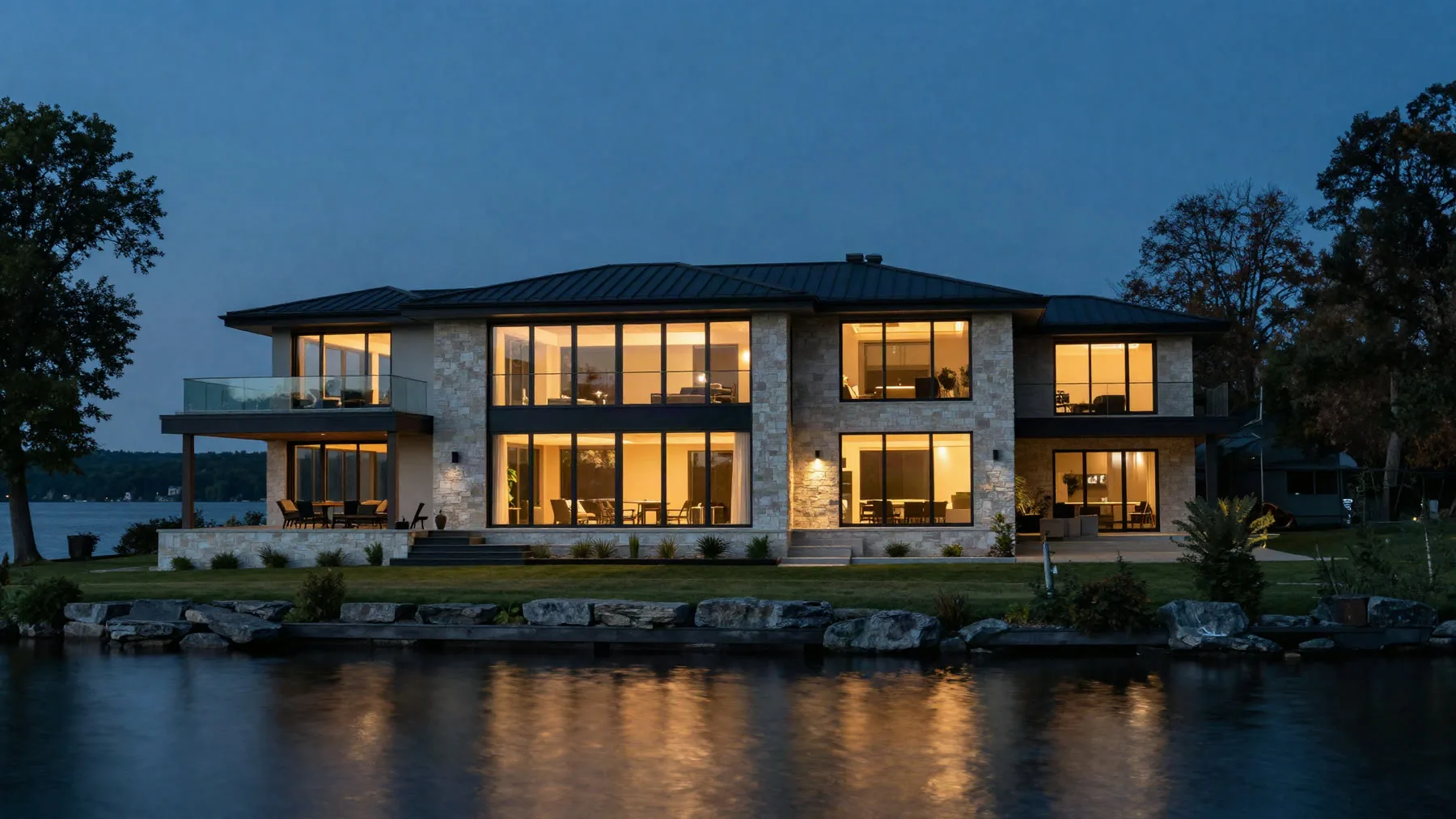 Contemporary lakefront residence at dusk on Canandaigua Lake, glass elevation lit from within