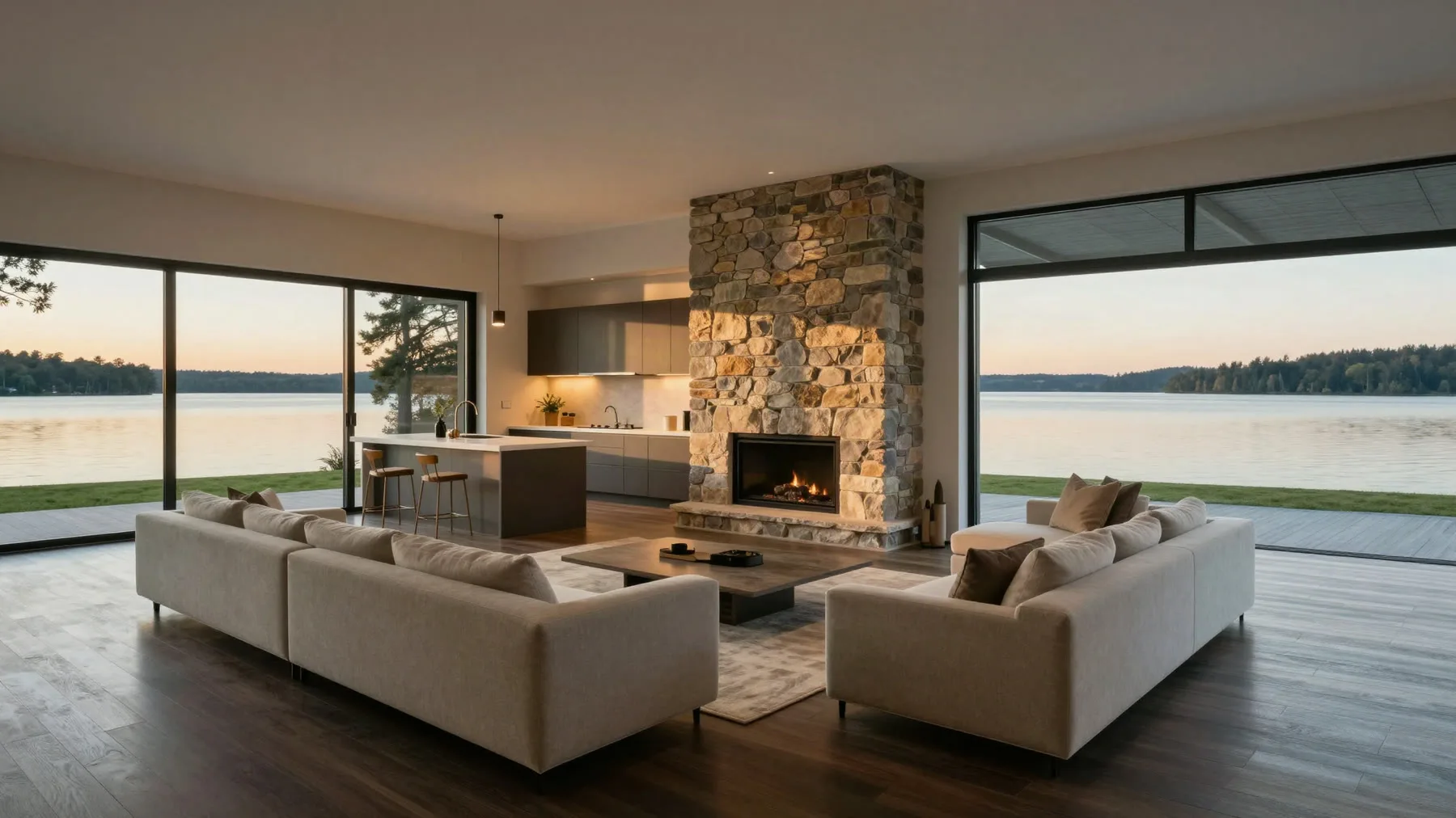 Open living room and kitchen running the full width of the lake side, stone fireplace at one end