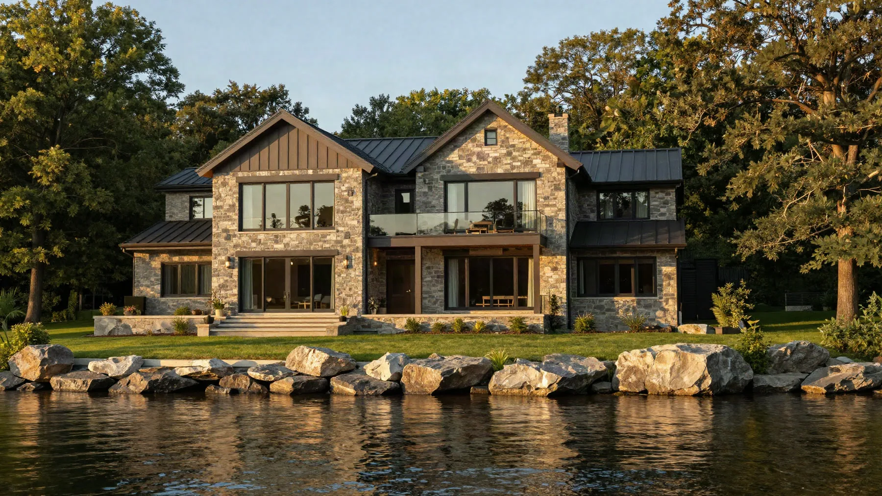 The west-facing lake elevation of the residence at golden hour, seen from the water