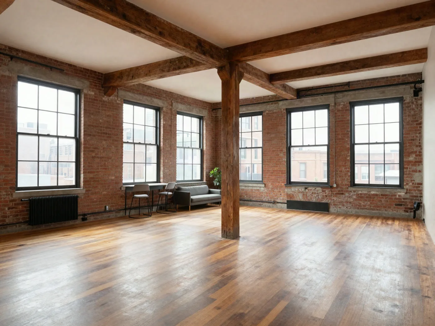 Open loft living space at 260 Mill Street #4B with exposed brick, timber posts and twelve-foot ceilings