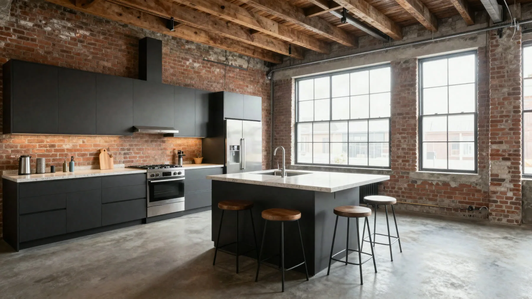 Loft kitchen with dark cabinets, stone counters and exposed brick
