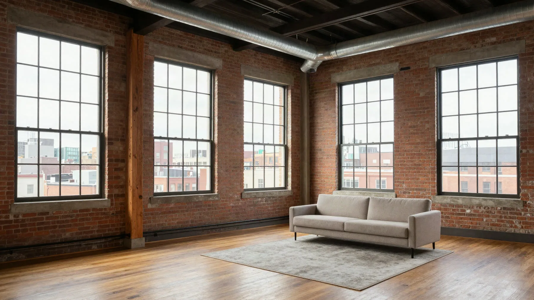 Corner living area with exposed brick and windows on two sides